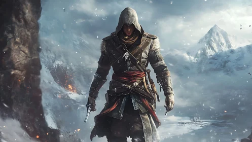 Hooded rogue in layered winter armor strides through blizzard valley