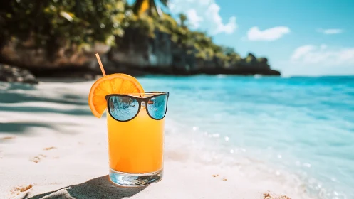Tropical Beach Cocktail with Orange Slice and Sunglasses
