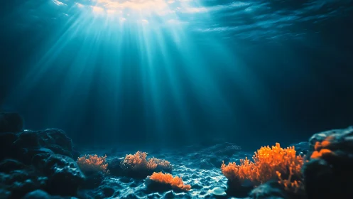 Sunlit coral reef floor under dramatic teal ocean beams.