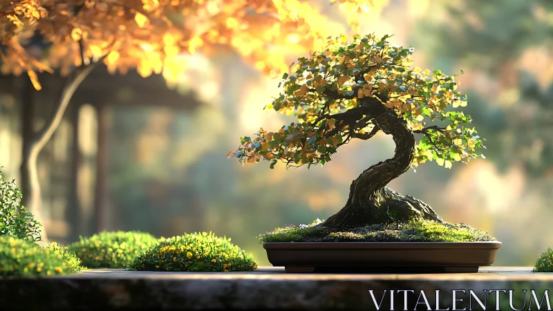 Sunlit bonsai bends time as autumn whispers around it