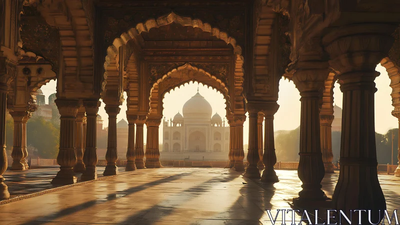 Sunlit Mughal arches framing distant white domed monument.
