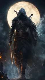 Mysterious hooded rogue walking boldly beneath full moon.