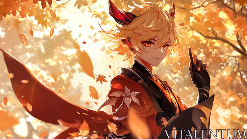 Fiery autumn anime warrior stands poised among falling leaves