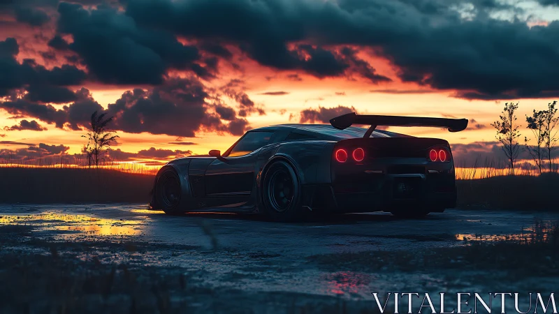 Sleek black sports car idles beneath a blazing sunset sky.