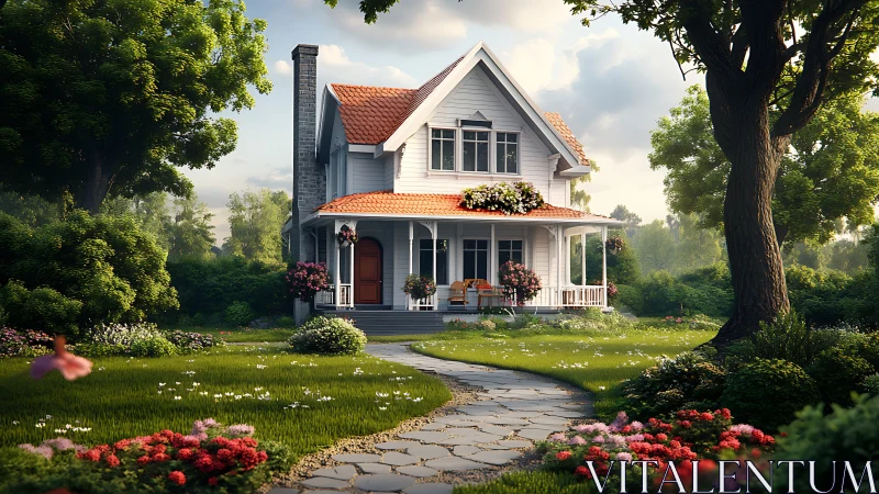 White farmhouse stands in lush garden under soft daylight