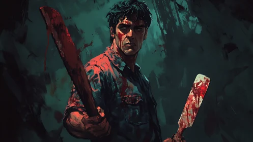 Bloodstained man holds two blades in dark painted scene