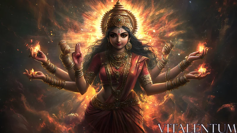 Multi-armed deity figure amid concentric fiery radiance.