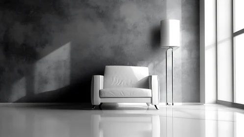 Minimalist white armchair in bright modern living room.