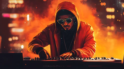 Hooded electronic musician programs synth under neon bokeh flare