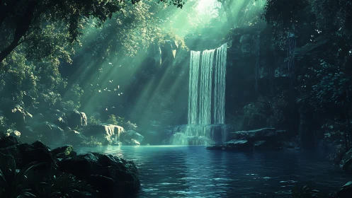 Sunlit jungle waterfall cascades into tranquil emerald pool.