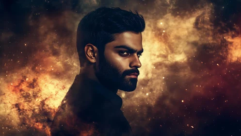 Cinematic digital portrait in cosmic nebula color field composition.