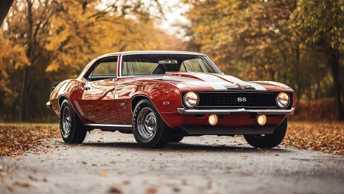 1969 Camaro SS coupe captured in low-angle autumn roadside shot