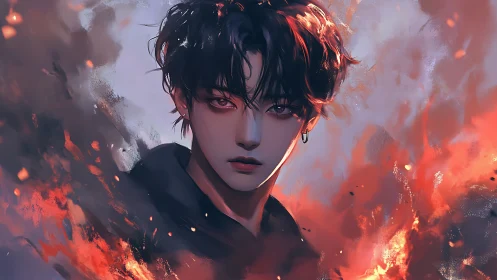 Fiery-eyed youth emerges from swirling digital flames.