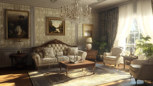 Sunlit neoclassical living room with ornate crystal chandelier.
