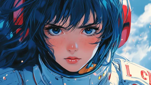 Blue-haired anime astronaut portrait with intense frontal gaze