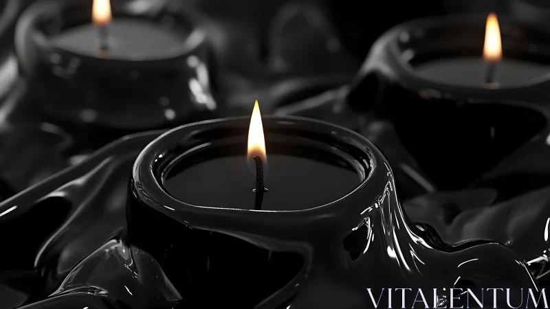 Black wax candles with reflective liquid surfaces burning.
