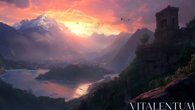 Sunlit mountain valley and tranquil lakeside ruins at dusk.