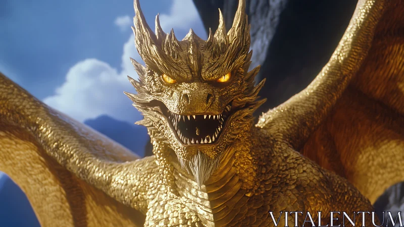 Radiant golden dragon roaring in dramatic close-up view.