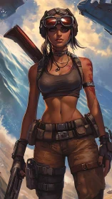 Sunlit post-apocalyptic scout with tactical gear and worn weaponry