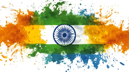 India’s tricolor flag explodes in bold watercolor splashes.