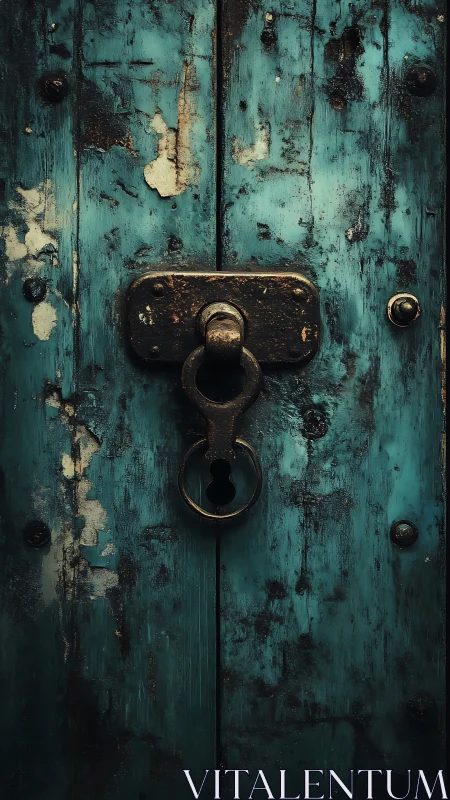 Rusted lock anchors weathered teal wooden door surface.