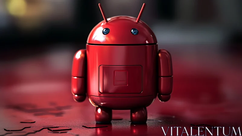 Chromed scarlet android figurine on reflective substrate.