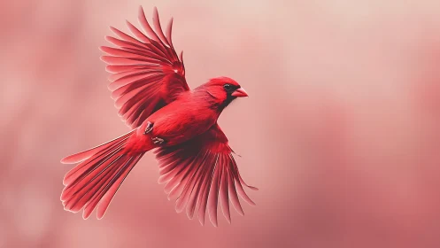 Vibrant red cardinal in flight with soft pastel background.