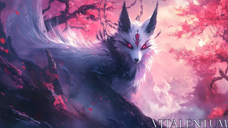 White fox-like creature is positioned among pink foliage