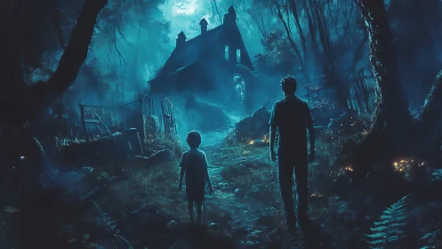 Moonlit approach to haunted woodland house in blue fog.