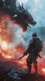 Armored soldier faces fiery dragon in burning battlefield scene.