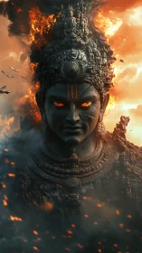 Volcanic war-god colossus with incendiary aerospace halo.