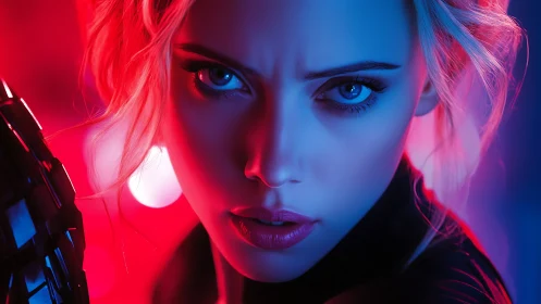 Intense neon portrait captures fierce blue and red gaze.