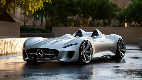 Mercedes speedster concept car in reflective urban courtyard