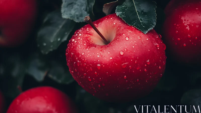 Red orchard apple with dew drops fills dark leafy frame