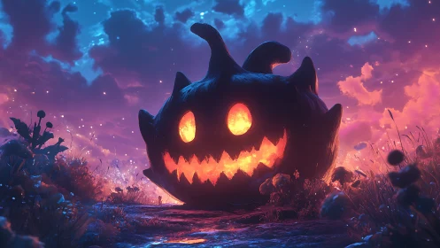 Fantasy jack-o-lantern monolith under bioluminescent dusk sky.