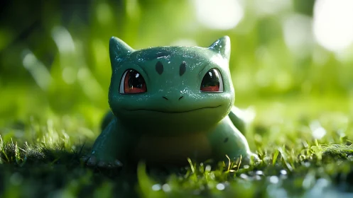 Bulbasaur-inspired creature in dewy grass, soft focus.