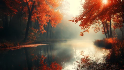 Golden autumn river glowing softly in morning mist.