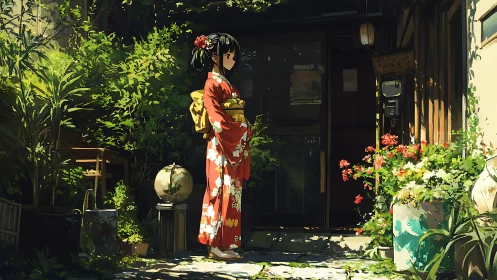 Woman in floral kimono stands in shaded garden entrance