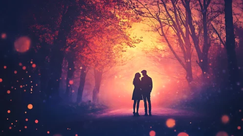 Two souls collide beneath blazing amber skies, frozen in tender twilight