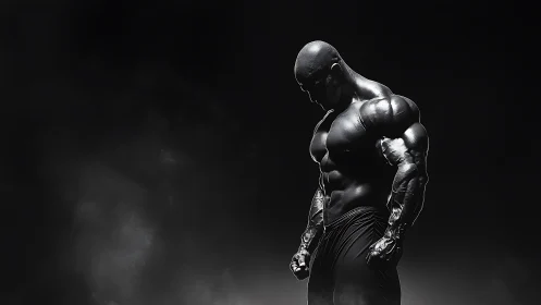Monochrome titan bowed in shadowy gym-light silence.