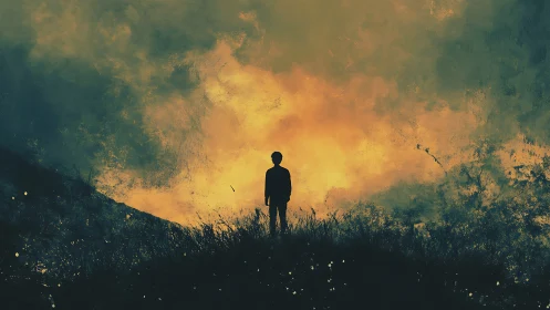 Solitary figure watches burning sky over dark hillside