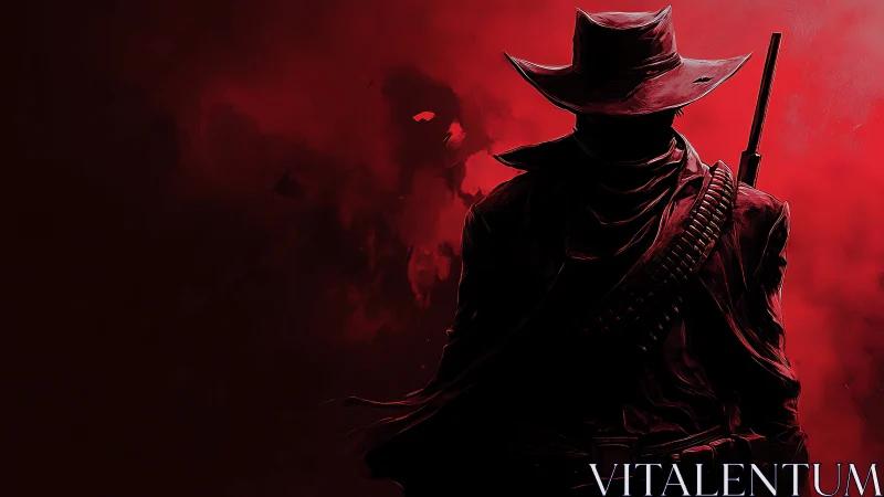 Lone gunslinger silhouette over blood-red frontier sky.