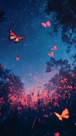 Butterflies over glowing wildflower meadow at night.