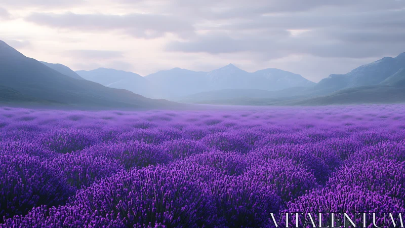 Photorealistic lavender expanse with misted alpine horizon.