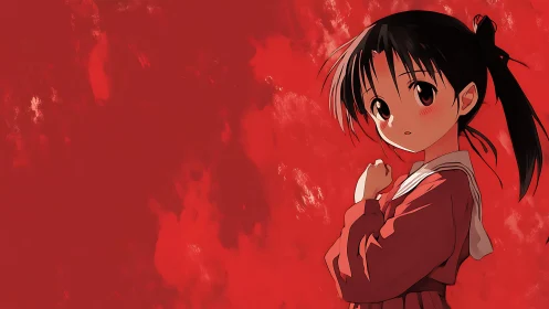 Shy ponytailed schoolgirl adrift in a painted red hush.