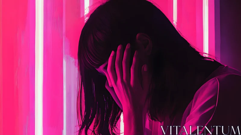 Woman hides face under neon pink light, tense silhouette.