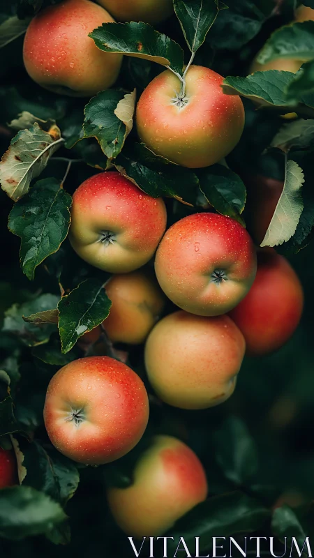 Ripe apples hang densely on dark green leafy branches.