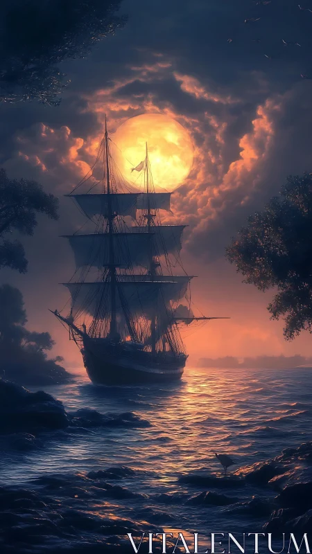 Sailing ship silhouette on moonlit coastal waters at dusk.