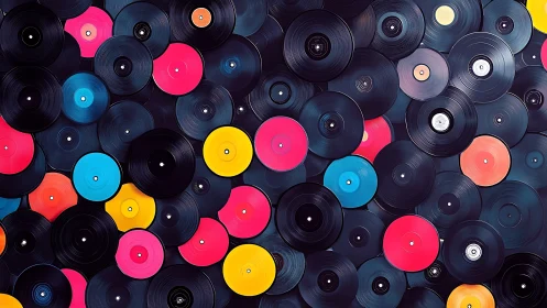 Colorful vinyl records spin into a joyful retro wall collage