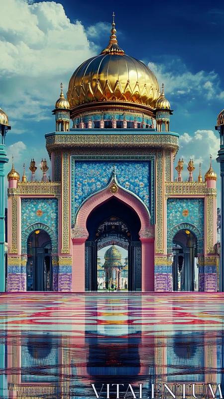 Golden domed palace with ornate arches and reflection.